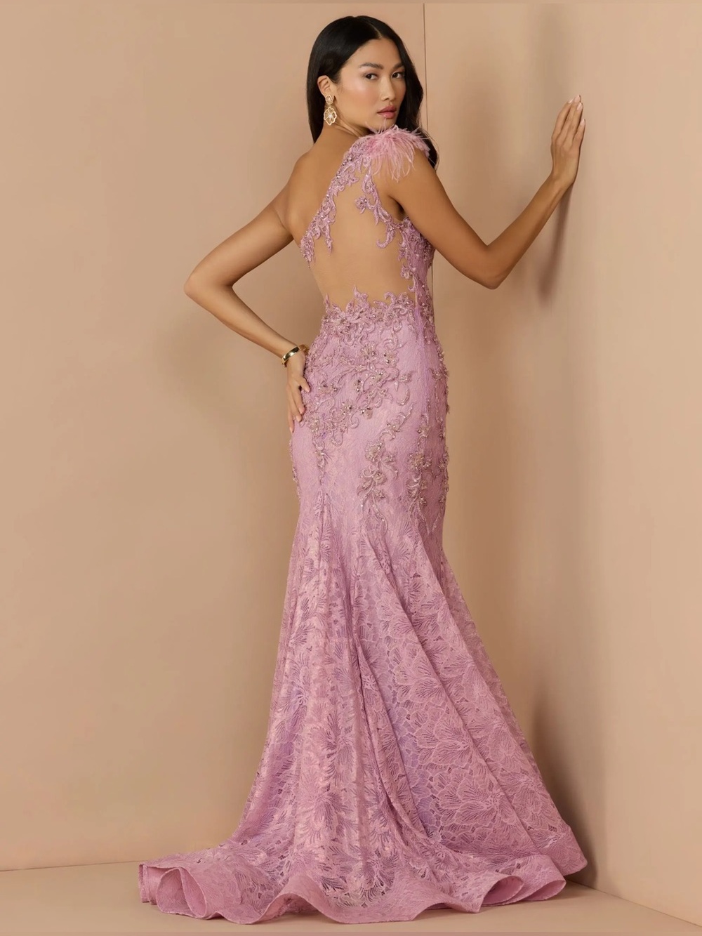 MAC DUGGAL COLLECTION Pink Embellished Lace One Shoulder Gown With Feather Detai